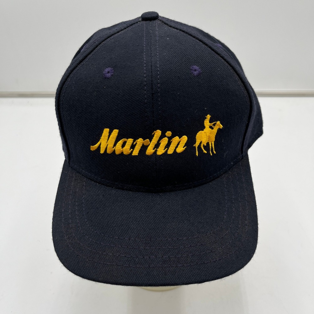 VTG Marlin Firearms Snapback Hat Navy Blue Cowboy Graphic Made in USA Mens OSFA
